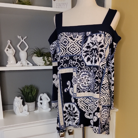 JM Collection Tops - Navy and White Patterned Blouse Cut out Shoulders JM Collection